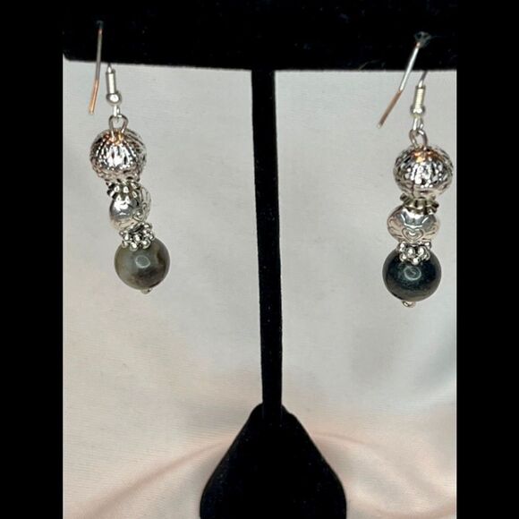 Silver Tone Dangle Earrings with Amazonite and Textured and Embossed Beads- NEW - Picture 3 of 4
